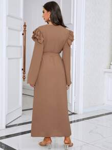 Al Najma Abaya à volants ouvert ceinturé - Tabac - Voir 2