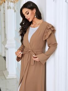 Al Najma Abaya à volants ouvert ceinturé - Tabac - Voir 6