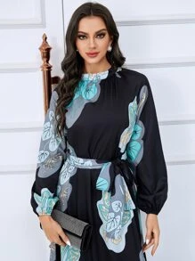 Al Najma Tropical Print Lantern Sleeve Ruffle Hem Belted Modest Long Sleeve Dress - Black - View 4