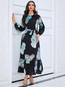 Al Najma Tropical Print Lantern Sleeve Ruffle Hem Belted Modest Long Sleeve Dress - Black - View 5