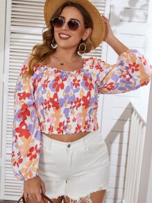 Flirla 大碼滿版印花打褶燈籠袖短款襯衫 - 彩色 - 查看 4