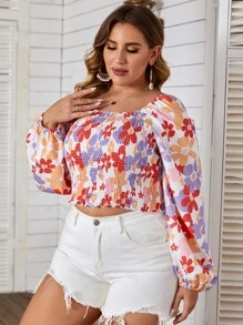 Flirla 大碼滿版印花打褶燈籠袖短款襯衫 - 彩色 - 查看 5