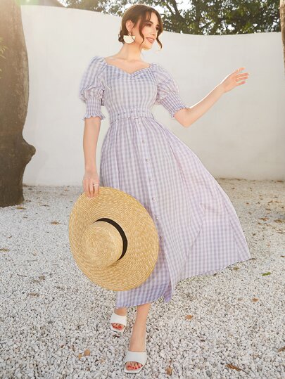 ギンガム パフスリーブ スイートハートネック シャーリングバック ベルトドレス