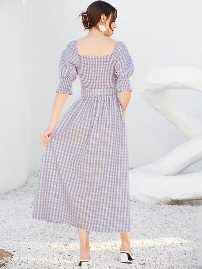 ギンガム パフスリーブ スイートハートネック シャーリングバック ベルトドレス