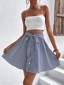 SHEIN Unity Striped Print Belted Flare Skirt - Blue and White - View 3
