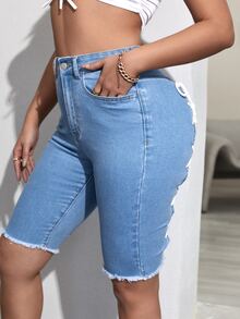 SHEIN SXY Quần short denim nữ Nút Ren lên Túi Hem thô Dây kéo Thùa khuyết màu trơn - Rửa nhẹ - Xem 5