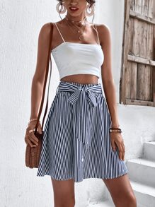SHEIN Unity Striped Print Belted Flare Skirt - Blue and White - View 5