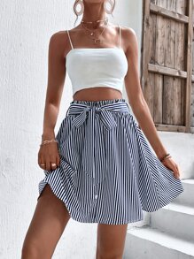 SHEIN Unity Striped Print Belted Flare Skirt - Blue and White - View 2