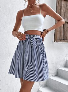 SHEIN Unity Striped Print Belted Flare Skirt - Blue and White - View 1