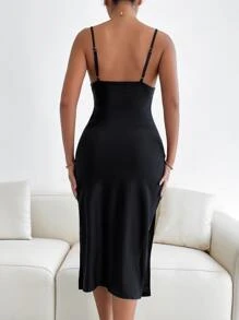 Chiquease Draped Collar Slit Thigh Cami Dress Maxi Women Outfit - Black - View 3