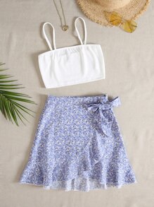 素色吊帶上衣和小碎花圍裹側打結半身裙 - 彩色 - 查看 1