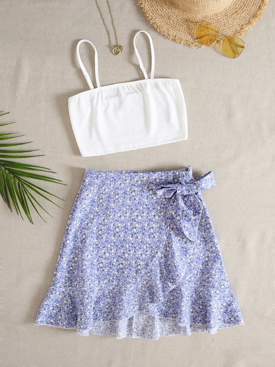 素色吊帶上衣和小碎花圍裹側打結半身裙 - 彩色 - 查看 1