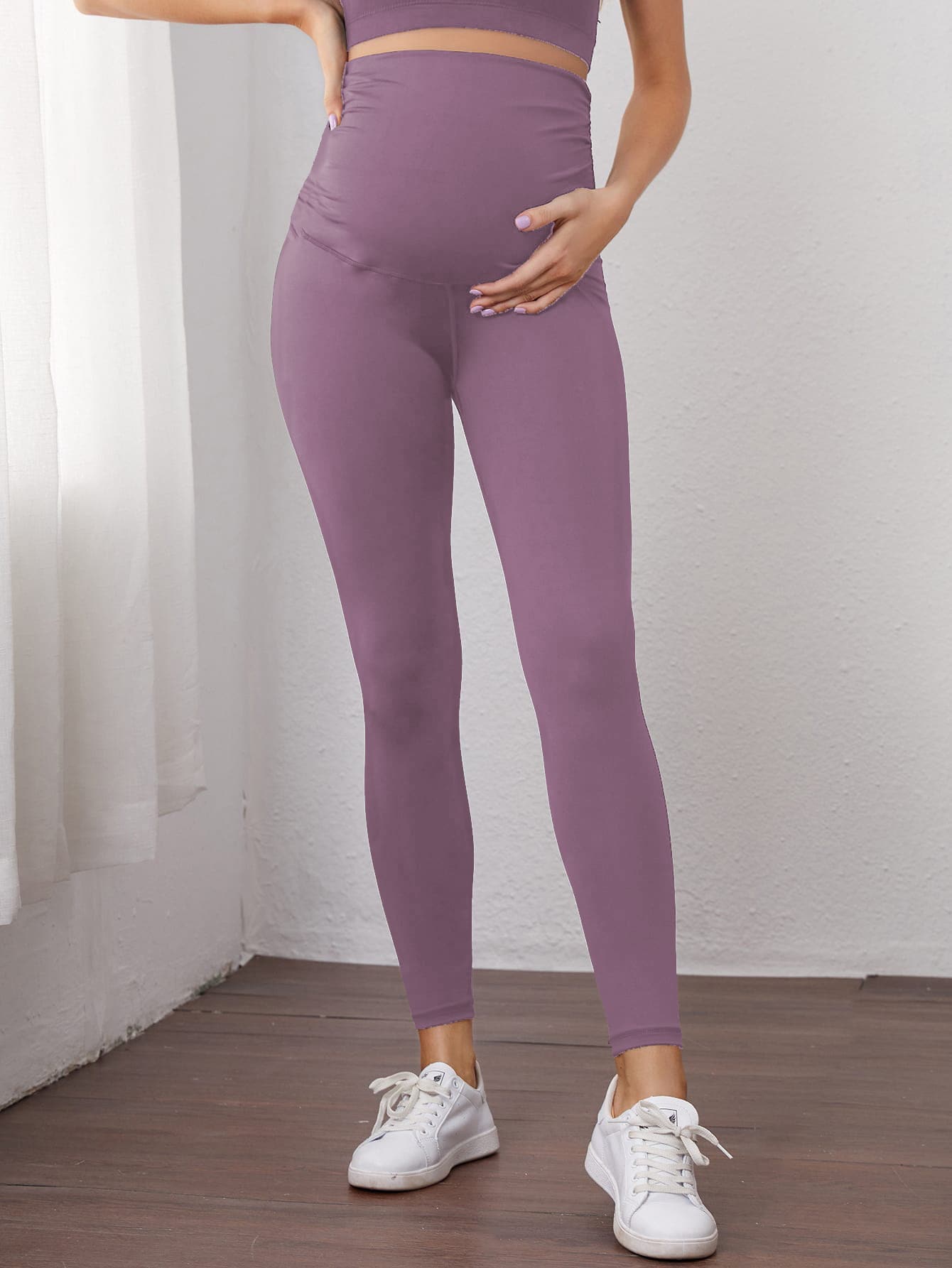 SHEIN 孕婦裝寬帶腰緊身褲 - 淡紫色 - 查看 1