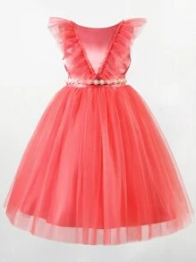 Girls Ruffle Trim Pearl Beaded Belted Mesh Gown Dress - Watermelon Pink - View 1