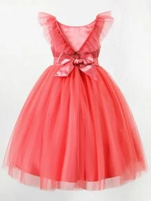 Girls Ruffle Trim Pearl Beaded Belted Mesh Gown Dress - Watermelon Pink - View 2