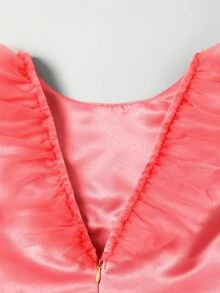 Girls Ruffle Trim Pearl Beaded Belted Mesh Gown Dress - Watermelon Pink - View 5
