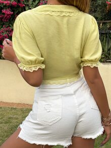 SHEIN WYWH 青果領泡泡袖蕾絲邊短款襯衫 - 黃色 - 查看 2