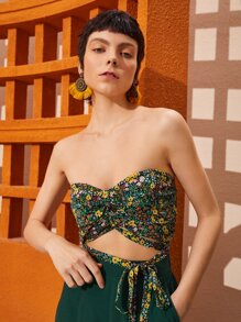 SHEIN Unity Áo hai dây Lộ Lưng Buộc lại Dải chun Họa tiết hoa Boho - Nhiều màu - Xem 2