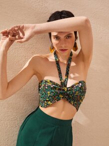 SHEIN Unity Áo hai dây Lộ Lưng Buộc lại Dải chun Họa tiết hoa Boho - Nhiều màu - Xem 6