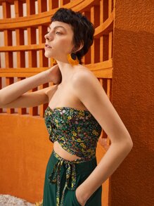 SHEIN Unity Áo hai dây Lộ Lưng Buộc lại Dải chun Họa tiết hoa Boho - Nhiều màu - Xem 7