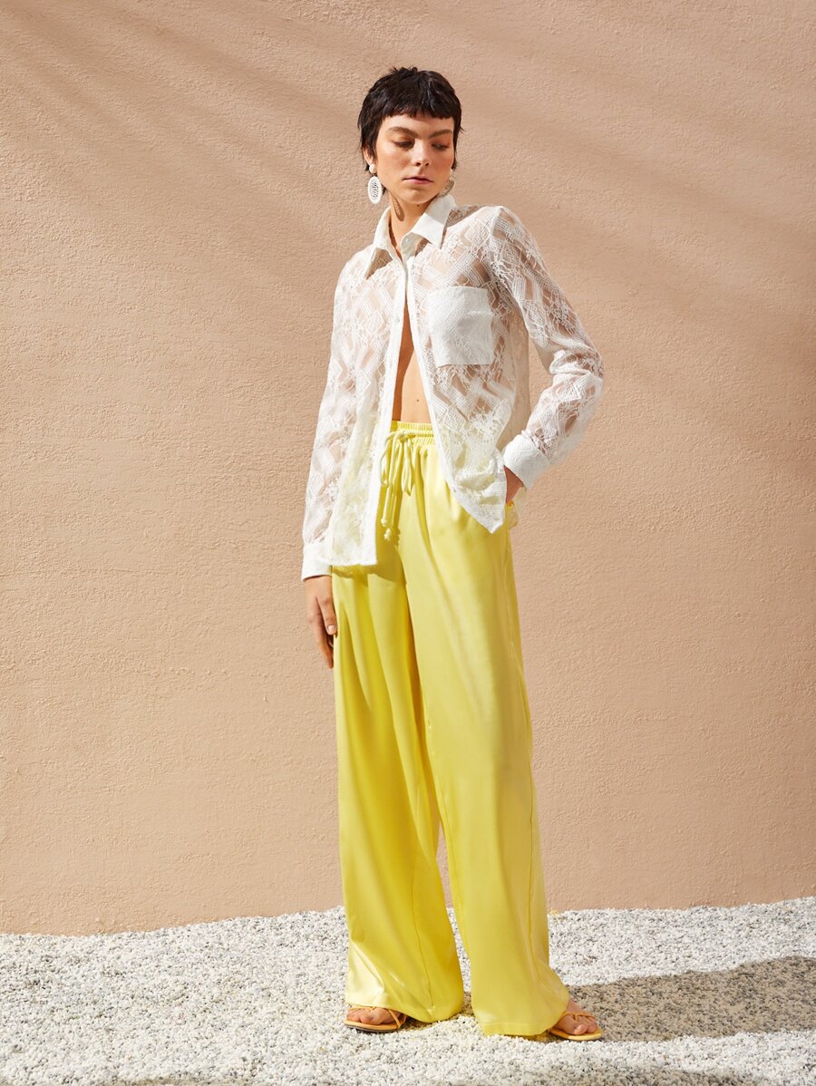 SHEIN 素色補丁貼口袋蕾絲襯衫 - 白色 - 查看 1