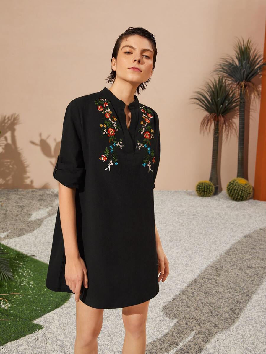 SHEIN Đầm Nghề thêu Hoa Boho - màu đen - Xem 1
