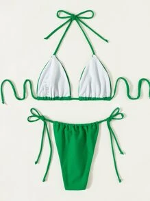 SHEIN Swim Summer Beach Solid Halter Micro Triangle Bra & Thong Bottom 2 Piece Bathing Suit - Green - View 2