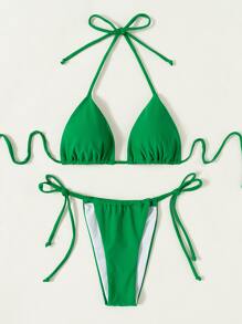 SHEIN Swim Summer Beach Solid Halter Micro Triangle Bra & Thong Bottom 2 Piece Bathing Suit - Green - View 4
