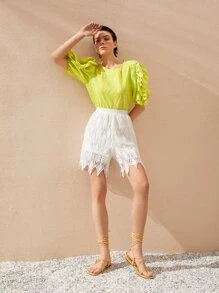 SHEIN VCAY Chevron Hem Guipure Lace Shorts - White - View 4