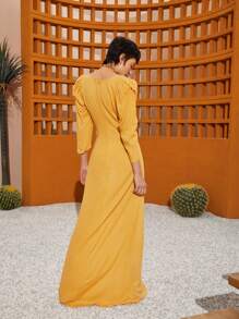 SHEIN VCAY Puff Sleeve Plunge Neck Ruched Split Thigh Dress - Yellow - View 4