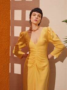 SHEIN VCAY Puff Sleeve Plunge Neck Ruched Split Thigh Dress - Yellow - View 5