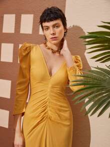 SHEIN VCAY Puff Sleeve Plunge Neck Ruched Split Thigh Dress - Yellow - View 7