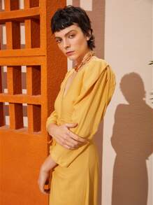 SHEIN VCAY Puff Sleeve Plunge Neck Ruched Split Thigh Dress - Yellow - View 8
