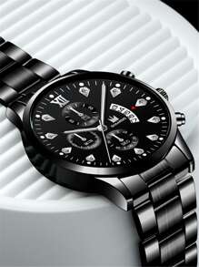 Men Triple Dial Date Quartz Watch - Black - View 3