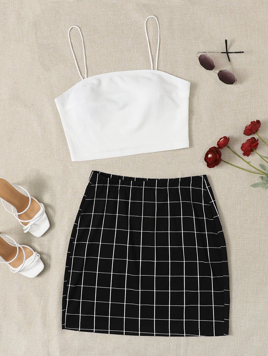 SHEIN Essnce Plus Crop Cami Top & Plaid Skirt Set - Black and White - View 1