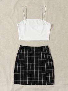 SHEIN Essnce Plus Crop Cami Top & Plaid Skirt Set - Black and White - View 2