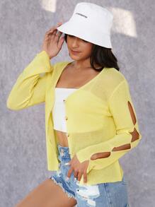 SHEIN Nữ Cardigans Cắt ra Nút phía trước màu trơn Giải trí - Màu vàng - Xem 1