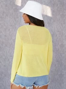 SHEIN Nữ Cardigans Cắt ra Nút phía trước màu trơn Giải trí - Màu vàng - Xem 2