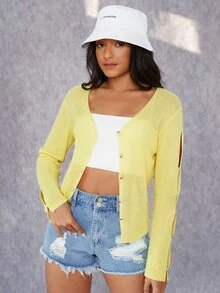 SHEIN Nữ Cardigans Cắt ra Nút phía trước màu trơn Giải trí - Màu vàng - Xem 3