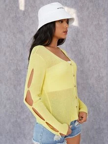 SHEIN Nữ Cardigans Cắt ra Nút phía trước màu trơn Giải trí - Màu vàng - Xem 5