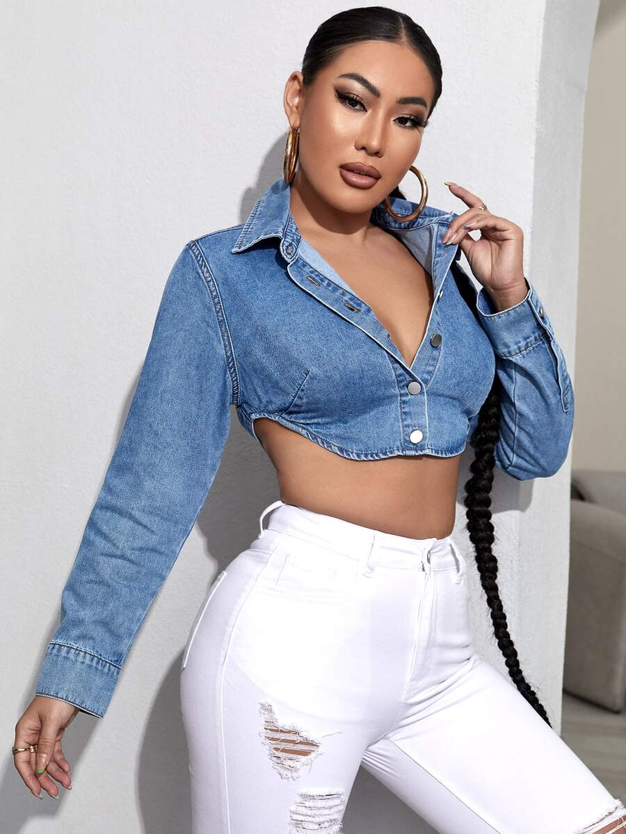 SHEIN SXY Áo khoác denim nữ Bất đối xứng Lộ Lưng Buộc lại Nút phía trước màu trơn Gợi cảm - Rửa trung bình - Xem 1