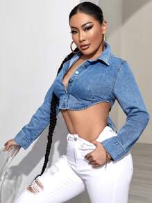 SHEIN SXY Áo khoác denim nữ Bất đối xứng Lộ Lưng Buộc lại Nút phía trước màu trơn Gợi cảm - Rửa trung bình - Xem 4