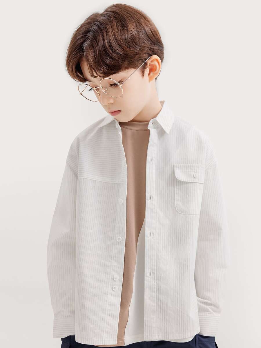Niños Camisa de rayas con bolsillo con solapa de hombros caídos - Blanco - Ver 1