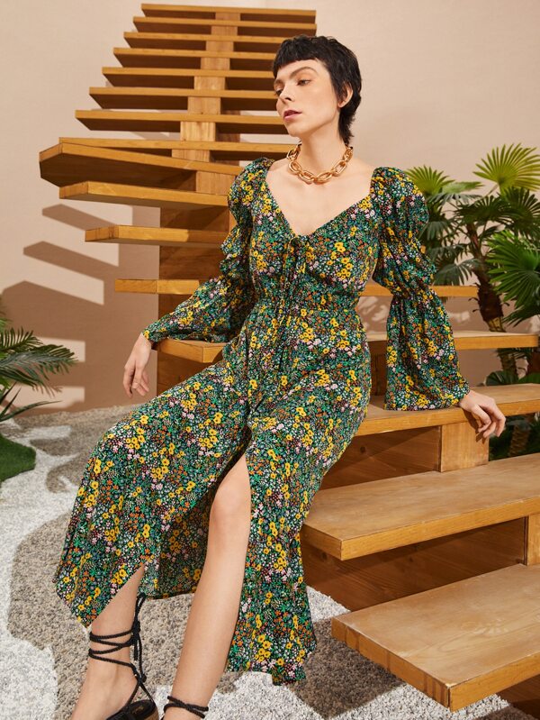 SHEIN Rochie cu mâneci cu volan cu mâneci despicate, cu imprimeu floral