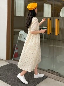 DAZY Đầm Sọc ca rô Họa tiết hoa Dễ thương - Màu be - Xem 2