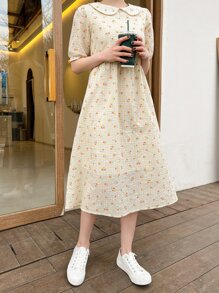 DAZY Đầm Sọc ca rô Họa tiết hoa Dễ thương - Màu be - Xem 3