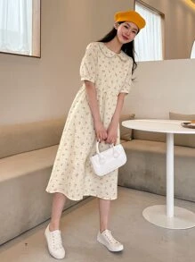 DAZY Đầm Sọc ca rô Họa tiết hoa Dễ thương - Màu be - Xem 4