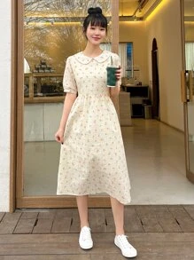 DAZY Đầm Sọc ca rô Họa tiết hoa Dễ thương - Màu be - Xem 6
