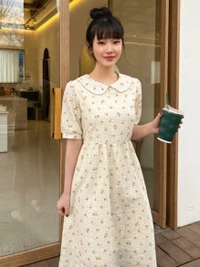 DAZY Đầm Sọc ca rô Họa tiết hoa Dễ thương - Màu be - Xem 8