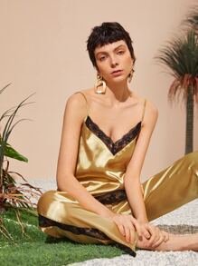 SHEIN 蕾絲邊緞面吊帶上衣 - 金色 - 查看 1